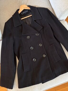 Anne Klein Black Double-Breasted Wool Peacoat